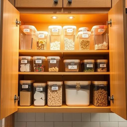 A beautifully organized kitchen cabinet with clear containers and labeled shelves.