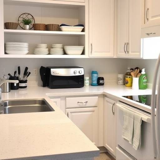 A clean and organized kitchen after a weekly reset routine, with sparkling countertops and tidy appliances.