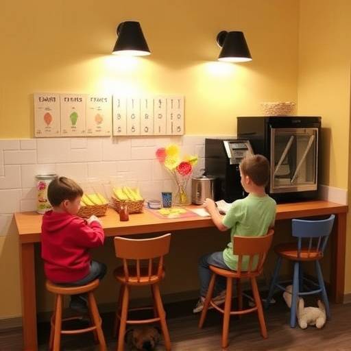 A dedicated snack zone with kid-friendly containers filled with healthy snacks at child-accessible height.
