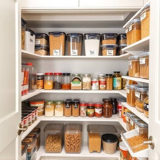 A well-organized pantry with clear containers, labeled shelves, and categorized food items.