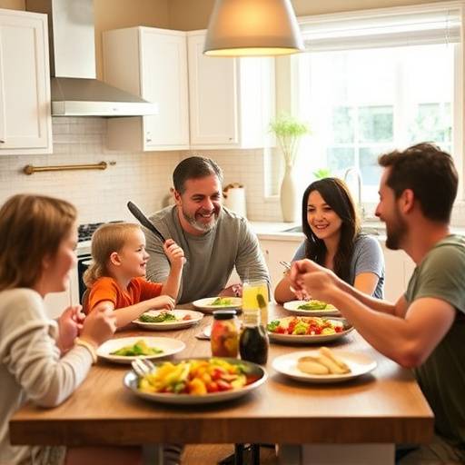 Family enjoying a meal in a clean and organized kitchen