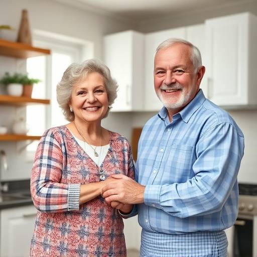 Smiling older couple in their renovated kitchen