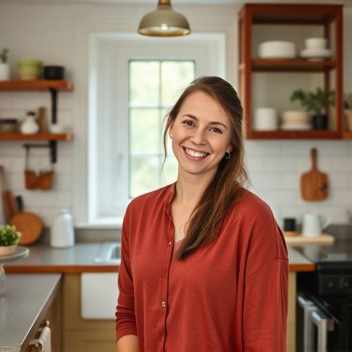 Smiling woman in her newly organized kitchen