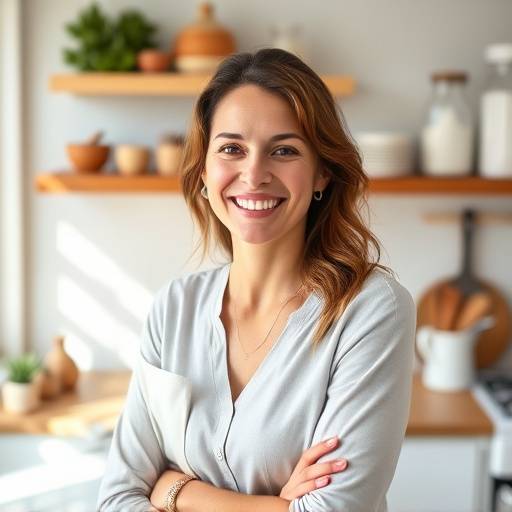 Smiling woman in her organized kitchen